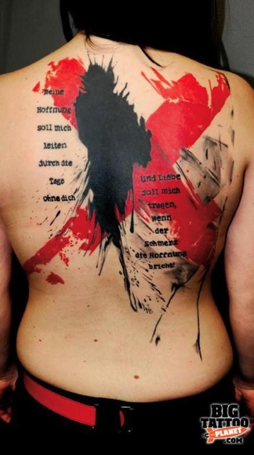 Photoshop style colored back tattoo of big red cross with lettering