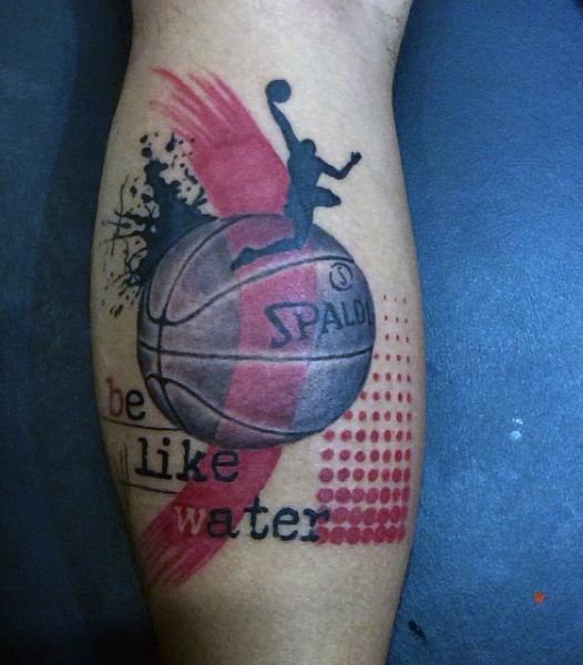 Photoshop style colored basketball themed tattoo on leg with lettering