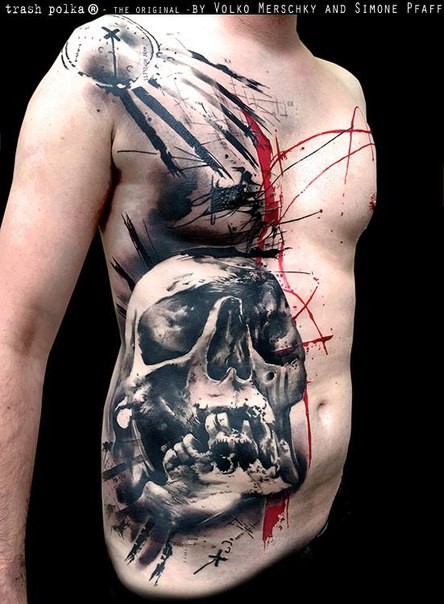 Photoshop style colored chest and belly tattoo of human skull