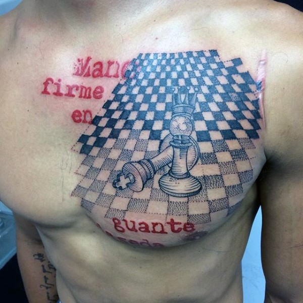 Photoshop style colored chest tattoo of chess figures and lettering