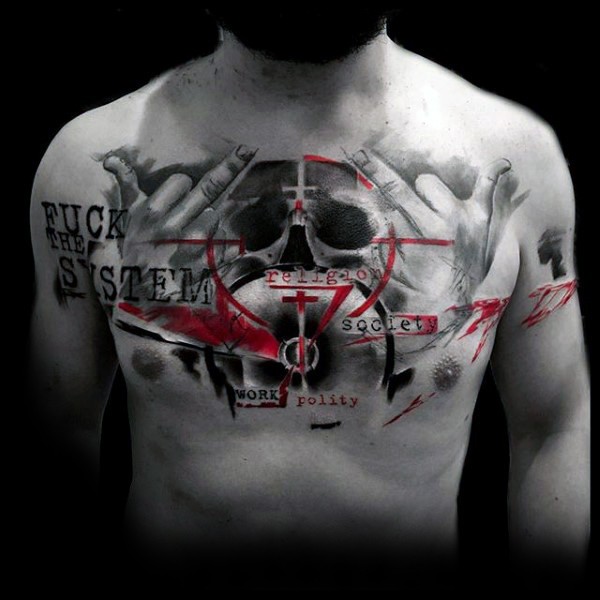 Photoshop style colored chest tattoo of sniper scope with lettering and human skull