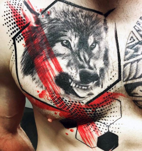 Photoshop style colored chest tattoo of realistic wolf