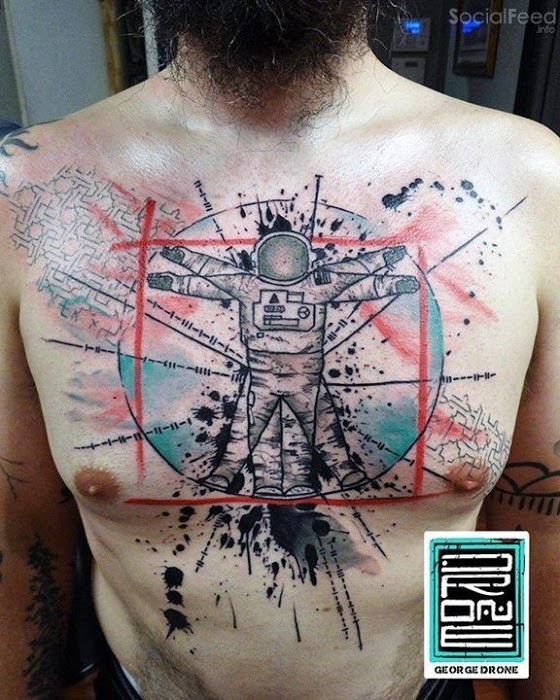 Photoshop style colored chest tattoo of spaceman with ornaments