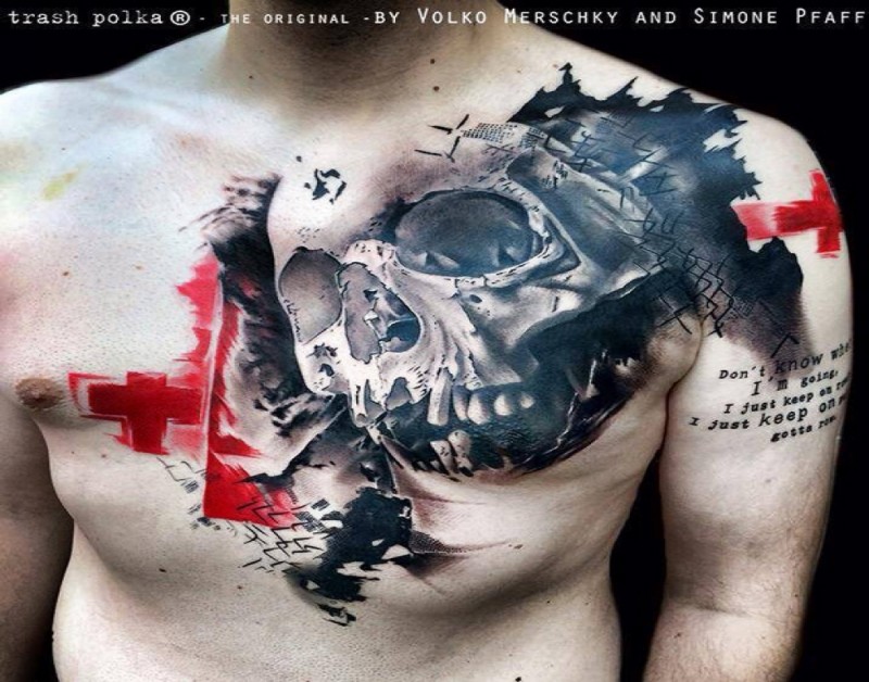 Photoshop style colored chest tattoo of human skull with red cross and lettering