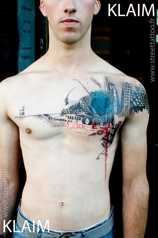 Photoshop style colored chest tattoo of old city with lettering