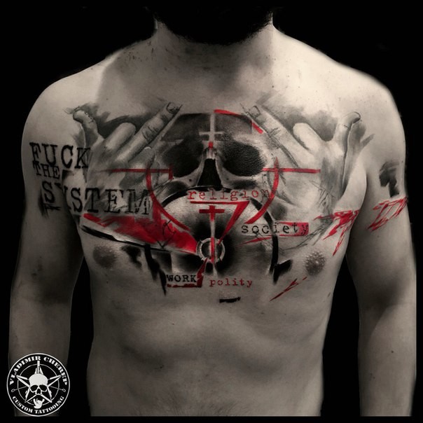 Photoshop style colored chest tattoo with lettering