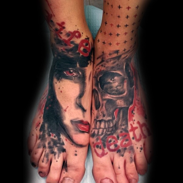 Photoshop style colored feet tattoo of human skull with woman face