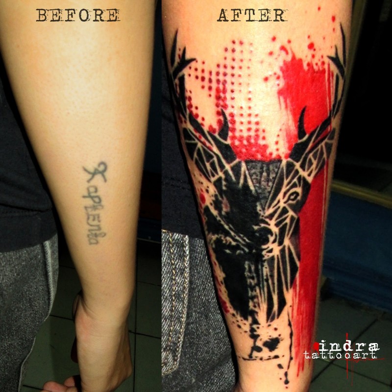 Photoshop style colored forearm tattoo of deer with red line