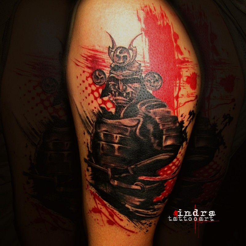 Photoshop style colored leg tattoo fo samurai warrior