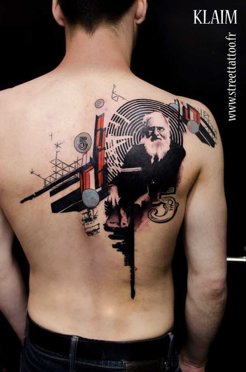 Photoshop style colored scapular tattoo of old man with beard and various symbols
