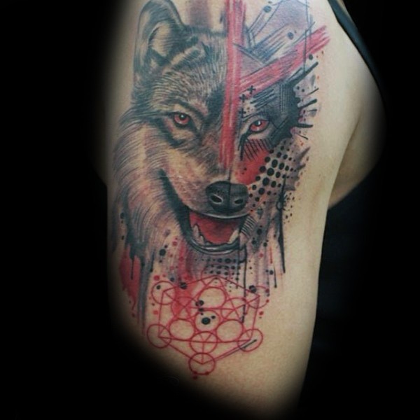 Photoshop style colored shoulder tattoo of wolf with various symbols