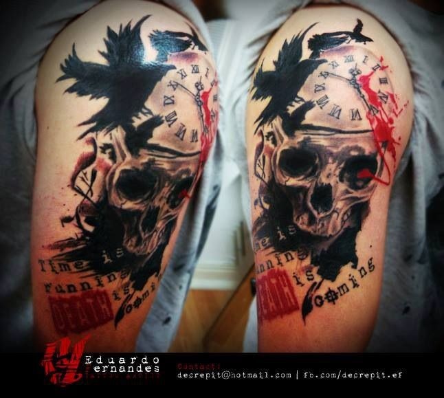 Photoshop style colored shoulder tattoo of human skull with clock and crow