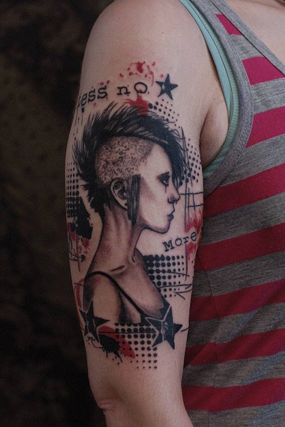 Photoshop style colored shoulder tattoo of punk woman with lettering and stars