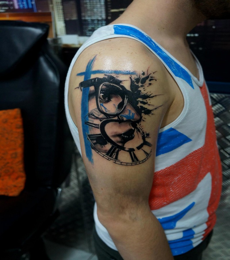 Photoshop style colored shoulder tattoo of human face with clock