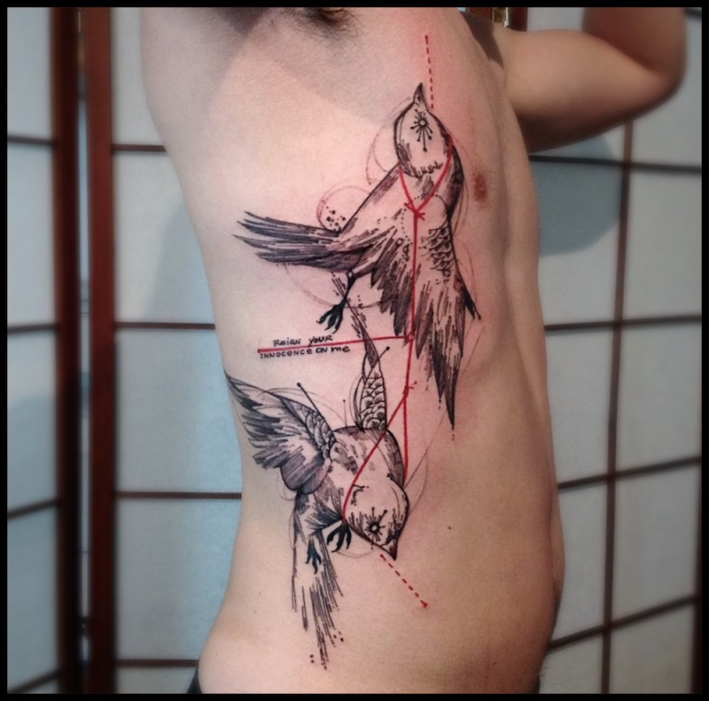Photoshop style colored side tattoo of creepy bird