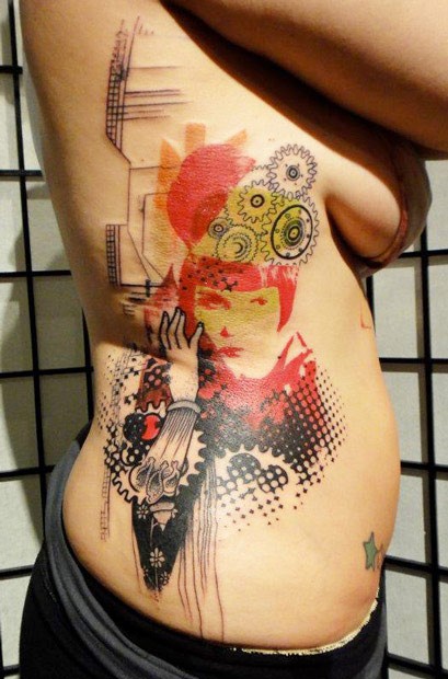 Photoshop style colored side tattoo of woman face with mechanisms
