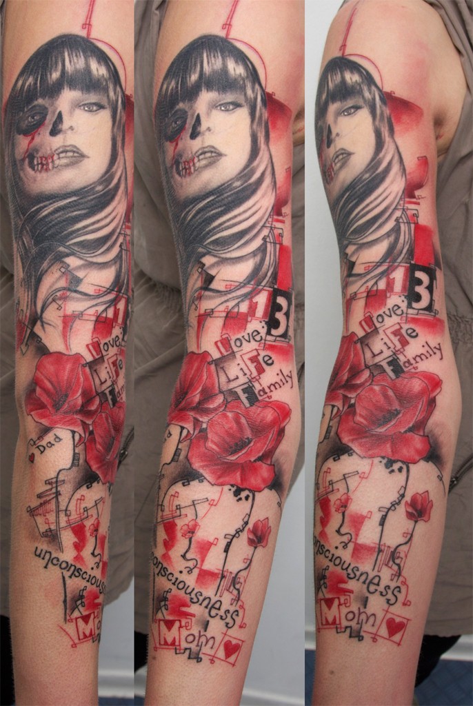 Photoshop style colored sleeve tattoo of mystic woman with lettering and flowers