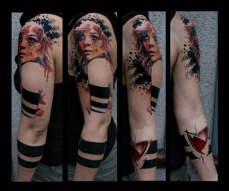 Photoshop style colored sleeve tattoo of woman face with various ornaments