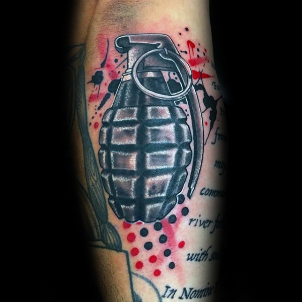Photoshop style colored tattoo of military grenade with lettering