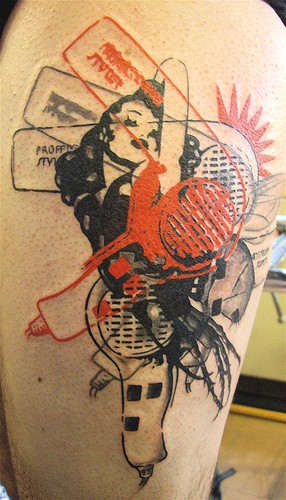 Photoshop style colored tattoo of woman with hairdryer