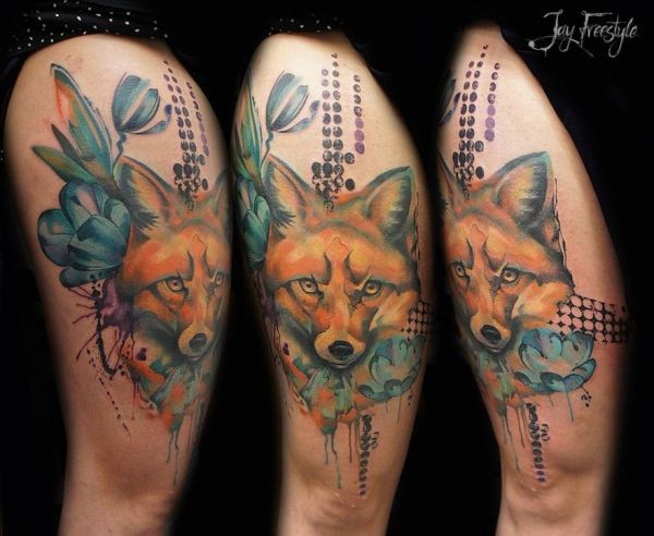 Photoshop style colored thigh tattoo of fox with flowers