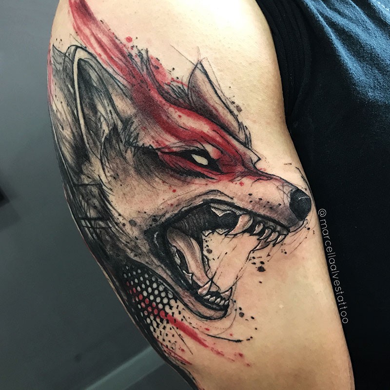 Photoshop style colored upper arm tattoo of demonic wolf
