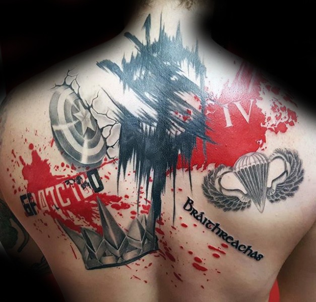 Photoshop style colored upper back tattoo of lettering with various pictures