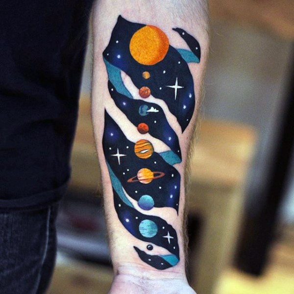 Picture like colored forearm tattoo of planet parade