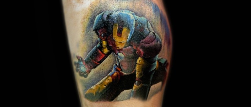 Picture like colored leg tattoo of cool Iron man