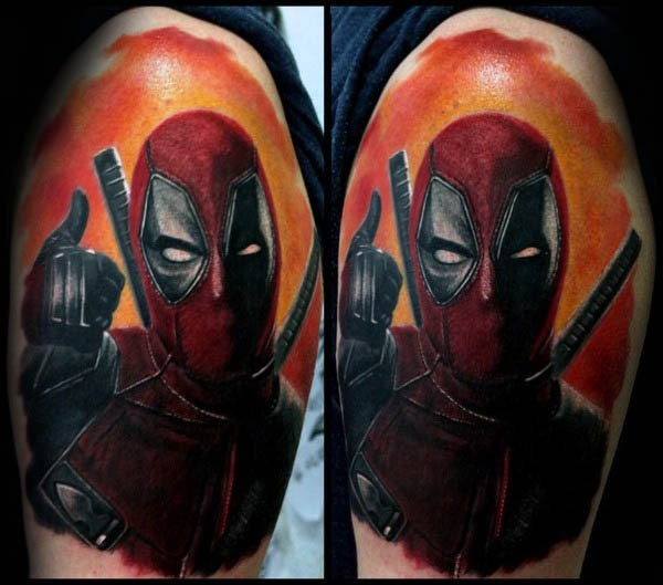 Picture like colored shoulder tattoo of angry Deadpool