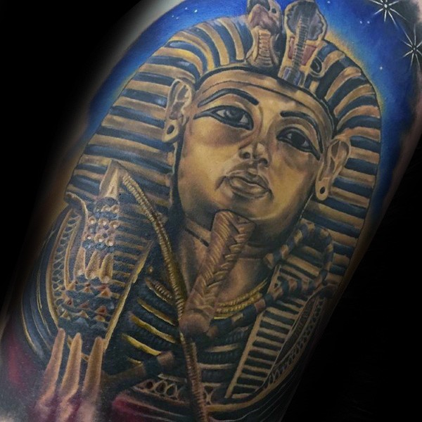 Picture like colored very detailed Egypt Pharaoh statue tattoo on arm