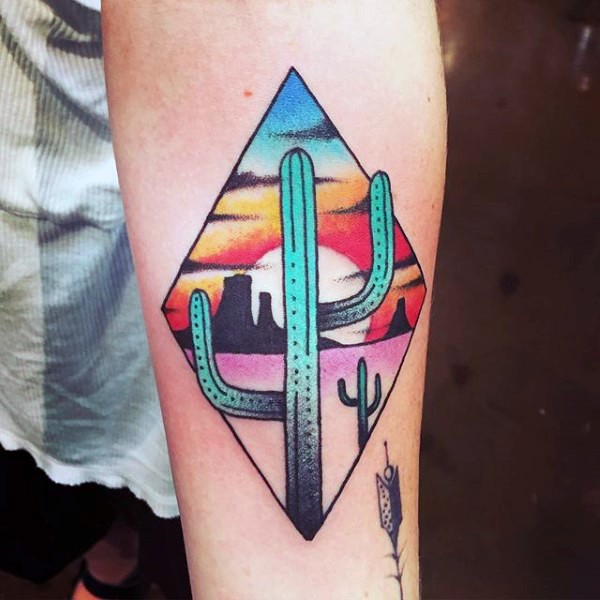 Picture style colored arm tattoo of desert cactus