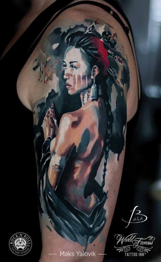 Picture style colored shoulder tattoo of seductive naked woman