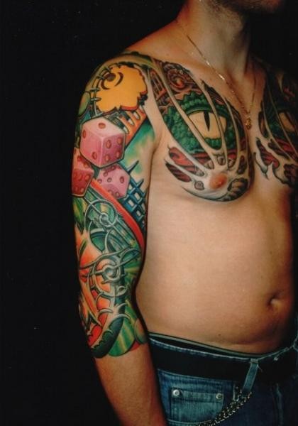 Picture style colored sleeve and chest tattoo of dragon with dice