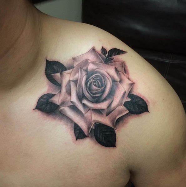 Picturesque 3D realistic rose flower tattoo on shoulder