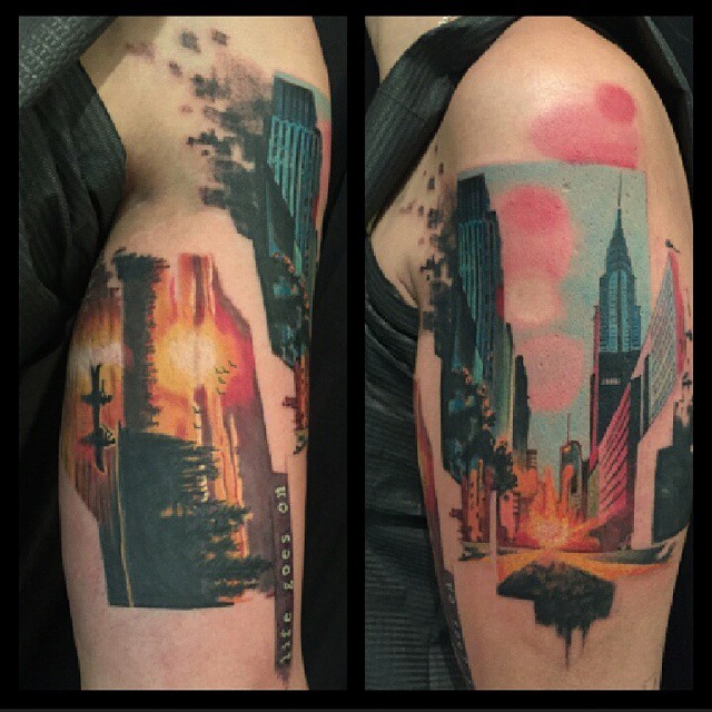 Picturesque looking colored shoulder tattoo of big city sights