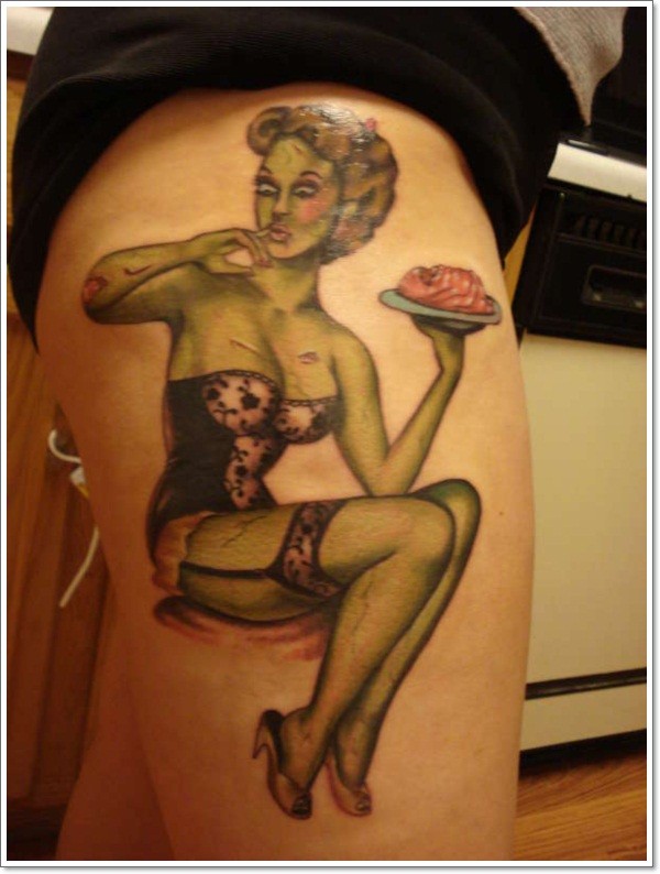 Pin up girl zombi tattoo on thigh