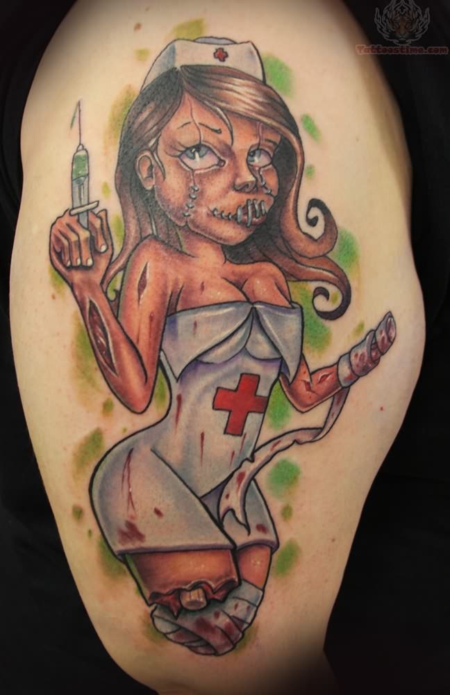 Pin up zombie nurse with syringe tattoo