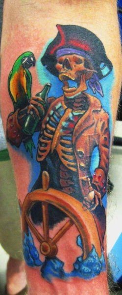 Pirate catpain skeleton with parrot tattoo by derek raulerson