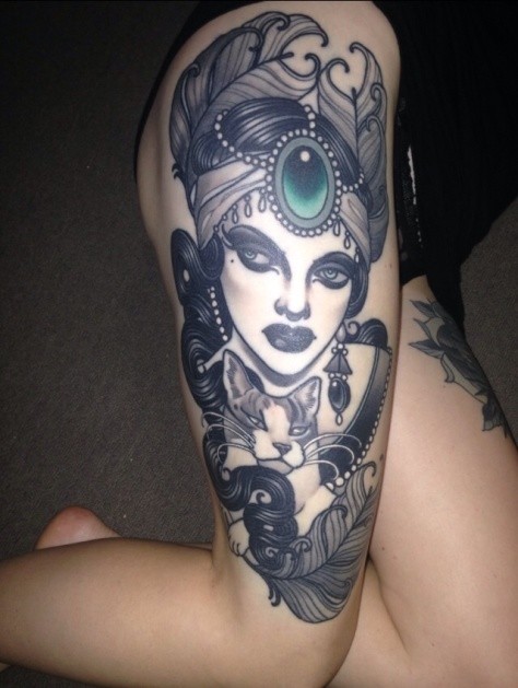 Portrait of a beautiful woman with cat tattoo on thigh for women by Emily Murray