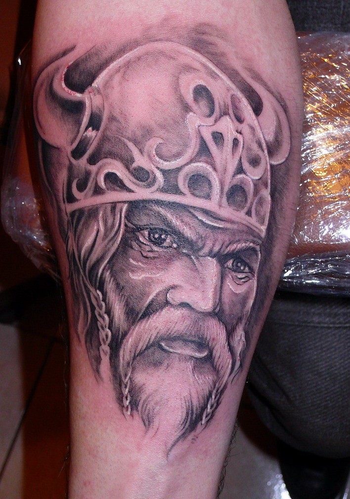 Portrait of a viking in horned helmet tattoo by fpista