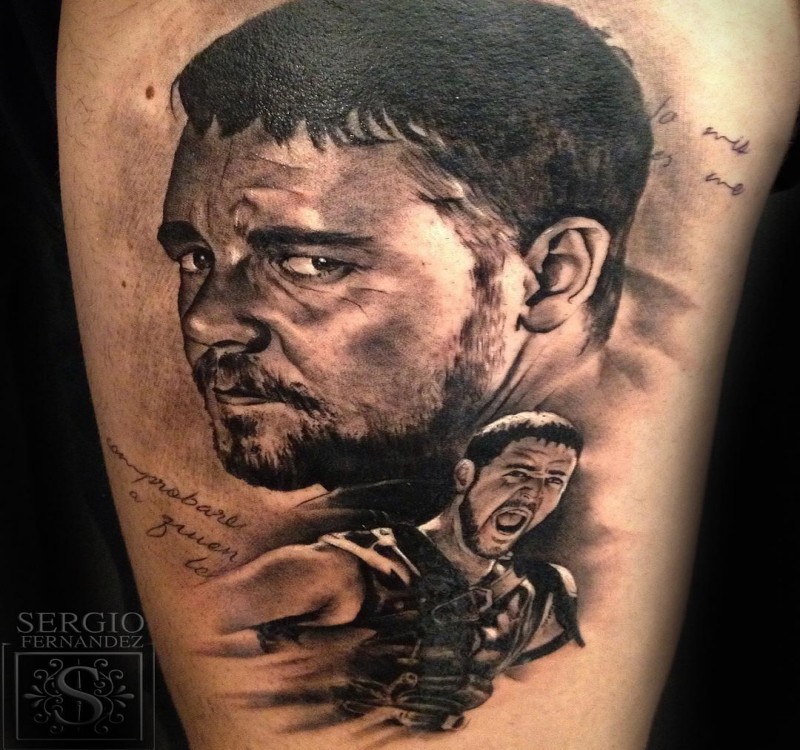 Portrait style black ink tattoo of Gladiator movie hero with lettering