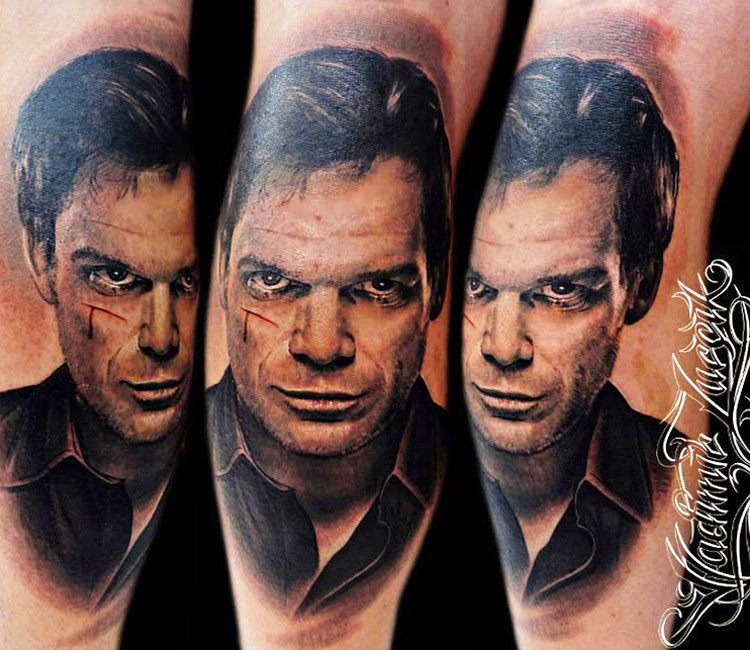 Portrait style colored arm tattoo of creepy Dexter face
