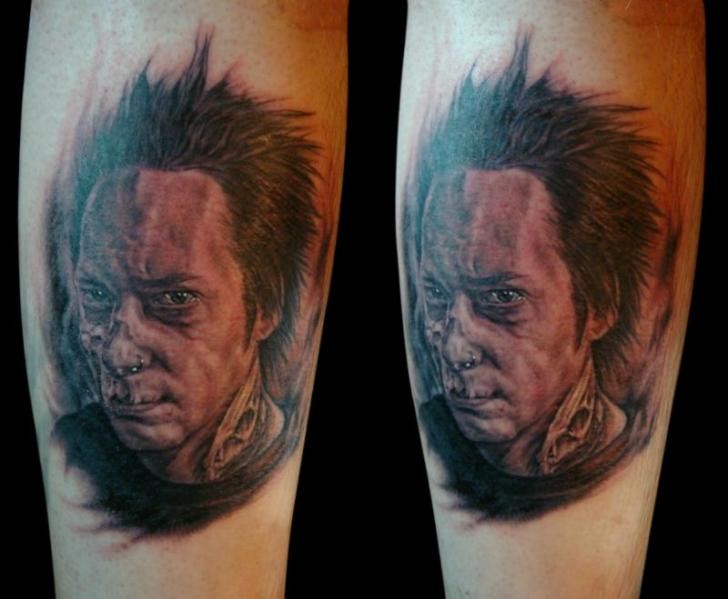 Portrait style colored creepy man face tattoo on leg