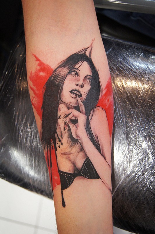 Portrait style colored forearm tattoo of seductive woman