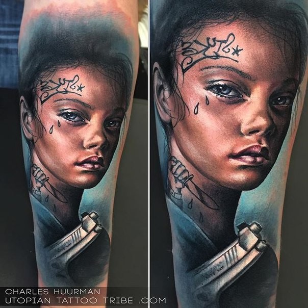 Portrait style colored forearm tattoo of woman with pistol