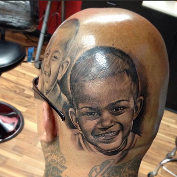 Portrait style colored head tattoo of little boy
