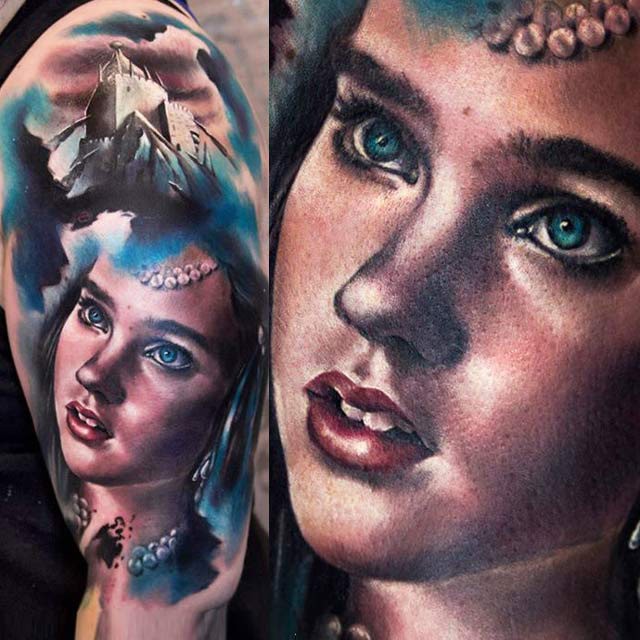Portrait style colored shoulder tattoo of woman portrait with big castle