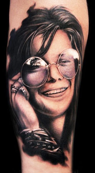 Portrait style colored tattoo of beautiful woman face with glasses