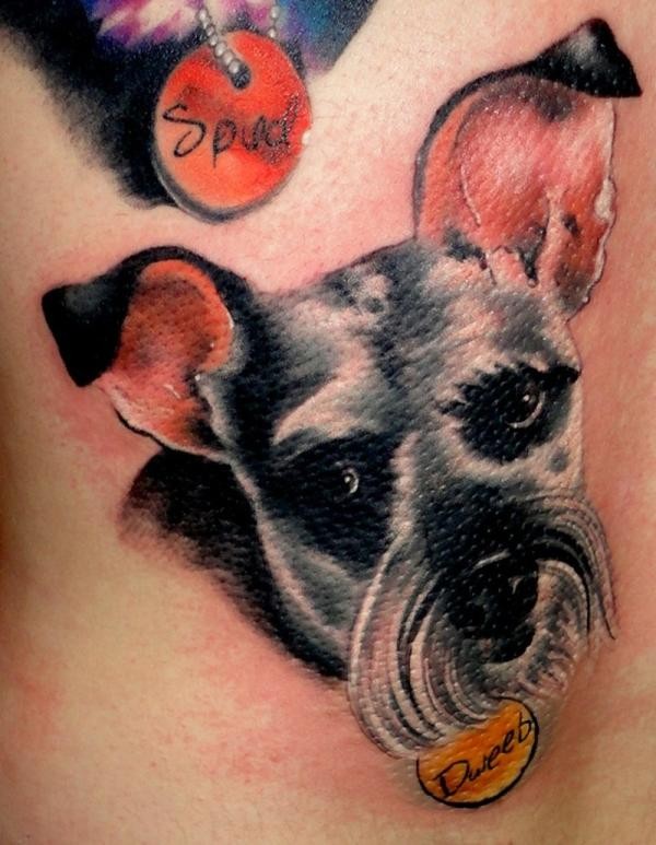 Portrait style colored tattoo of beautiful dog with lettering